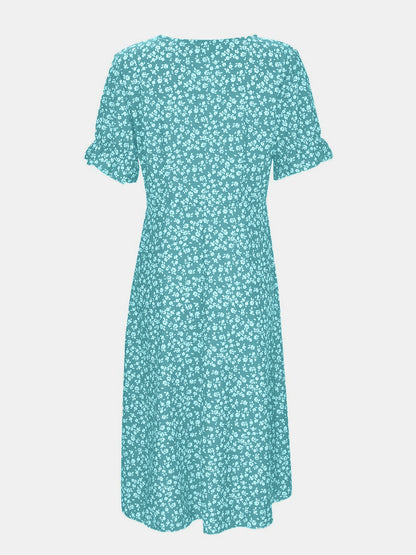 Full Size Printed Surplice Flounce Sleeve Midi Dress