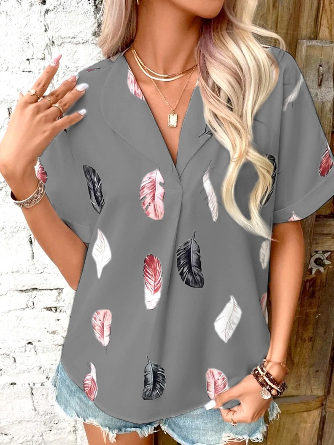 Full Size Printed Collared Neck Short Sleeve Blouse