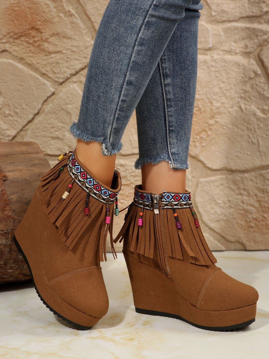 Fringe Suede Wedge Boots