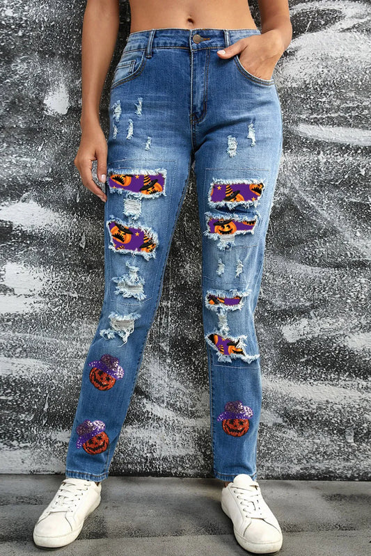 Distressed Sequin Pumpkin Jeans