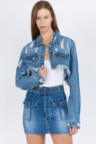 American Bazi Distressed Denim Jacket with Frayed Hem