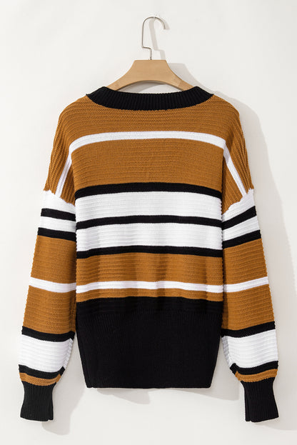 Contrast Stripes V Neck Long Sleeve Sweater