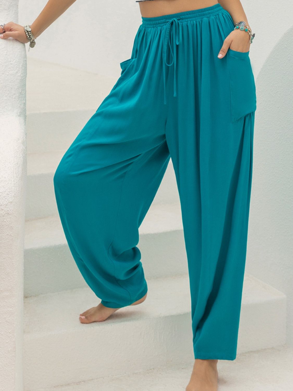 Drawstring Wide Leg Pants with Pockets