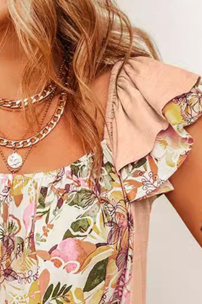 Ruffled Floral Square Neck Cap Sleeve Blouse