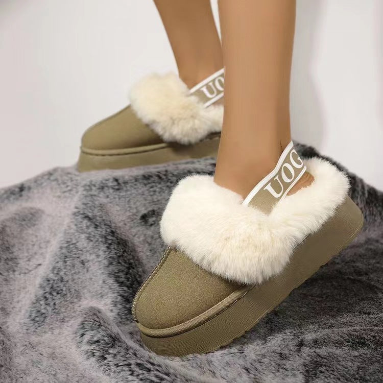 Plush Platform Slippers with Letter Strap