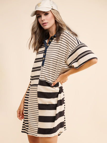 Exposed Seam Striped Half Sleeve Mini Dress