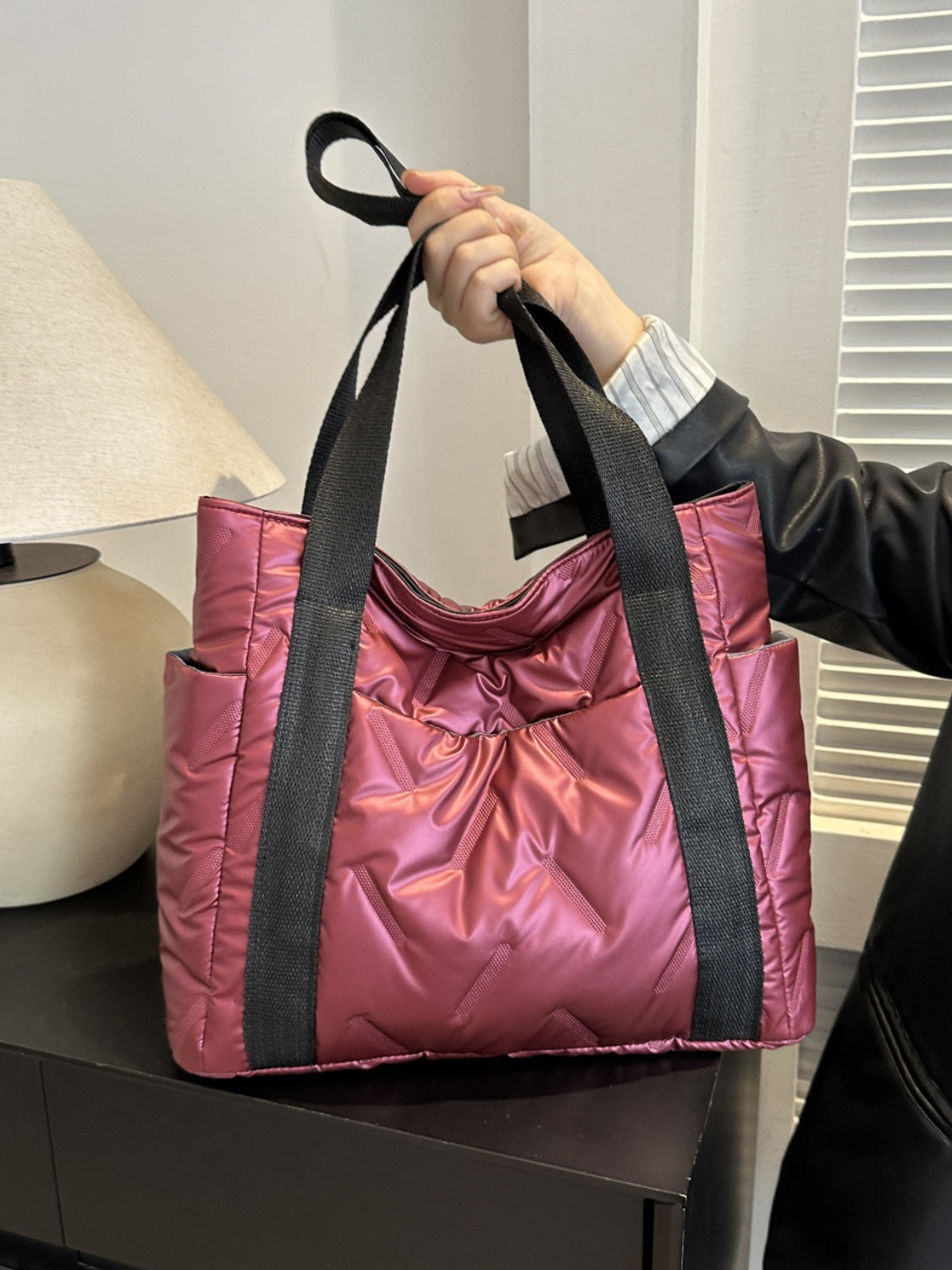 Solid Color Tote Bag with Side Pockets