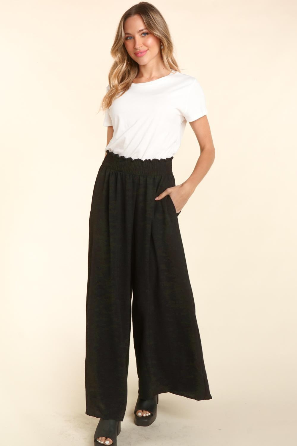 Haptics Elastic Waist Wide Leg Pants with Pockets