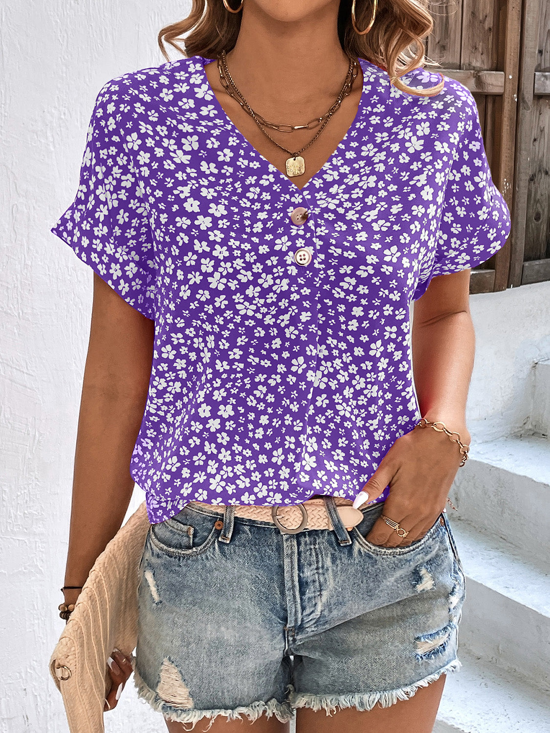 Printed V-Neck Short Sleeve Blouse