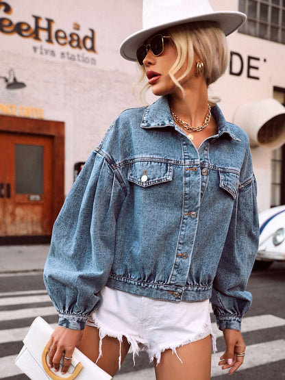 Collared Neck Dropped Shoulder Denim Top