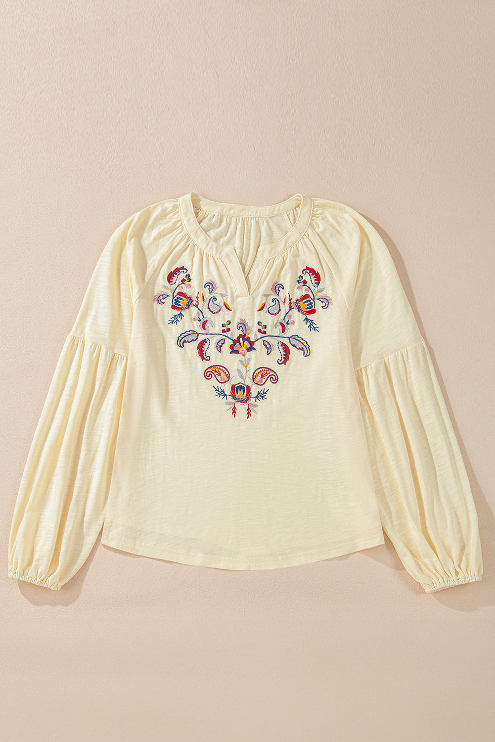 Embroidered Notched Long Sleeve Blouse