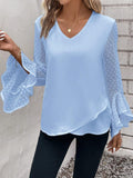 Swiss Dot V-Neck Flounce Sleeve Blouse