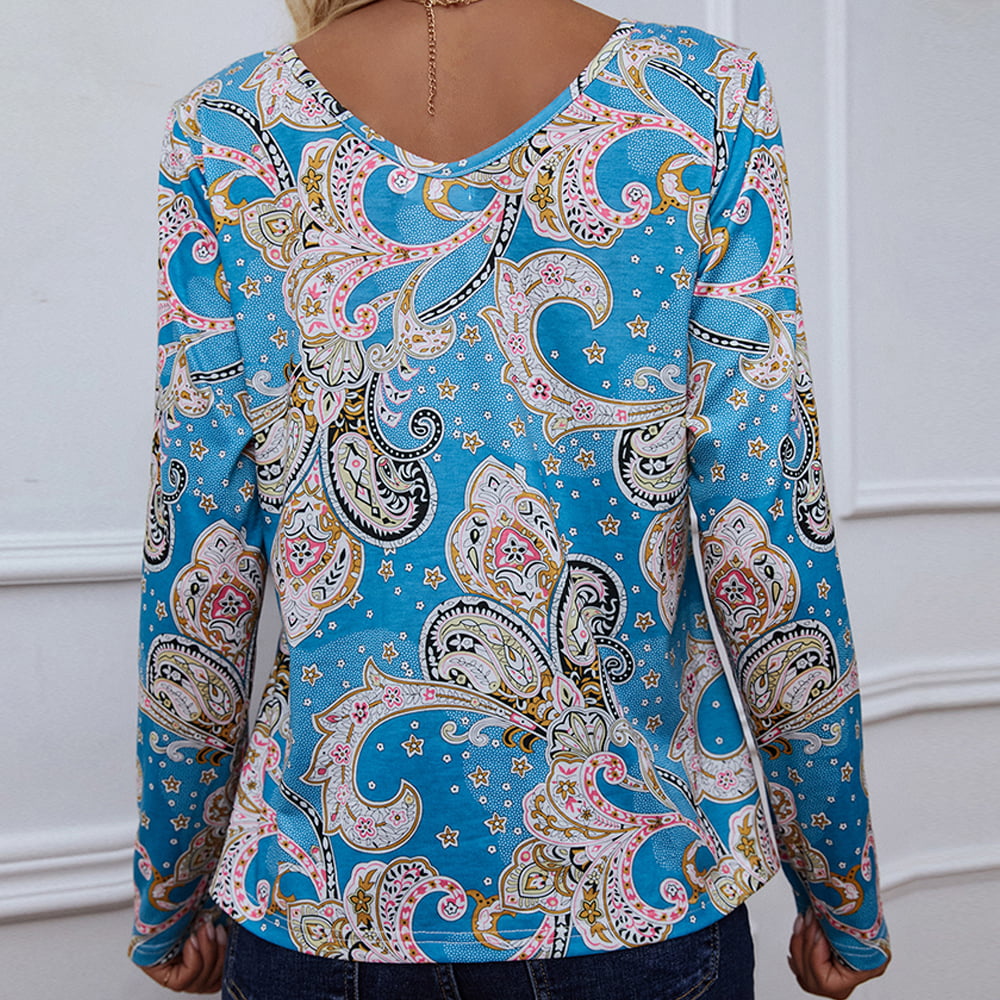 Shiny Printed V-Neck Long Sleeve Blouse