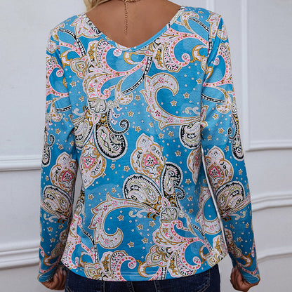 Shiny Printed V-Neck Long Sleeve Blouse