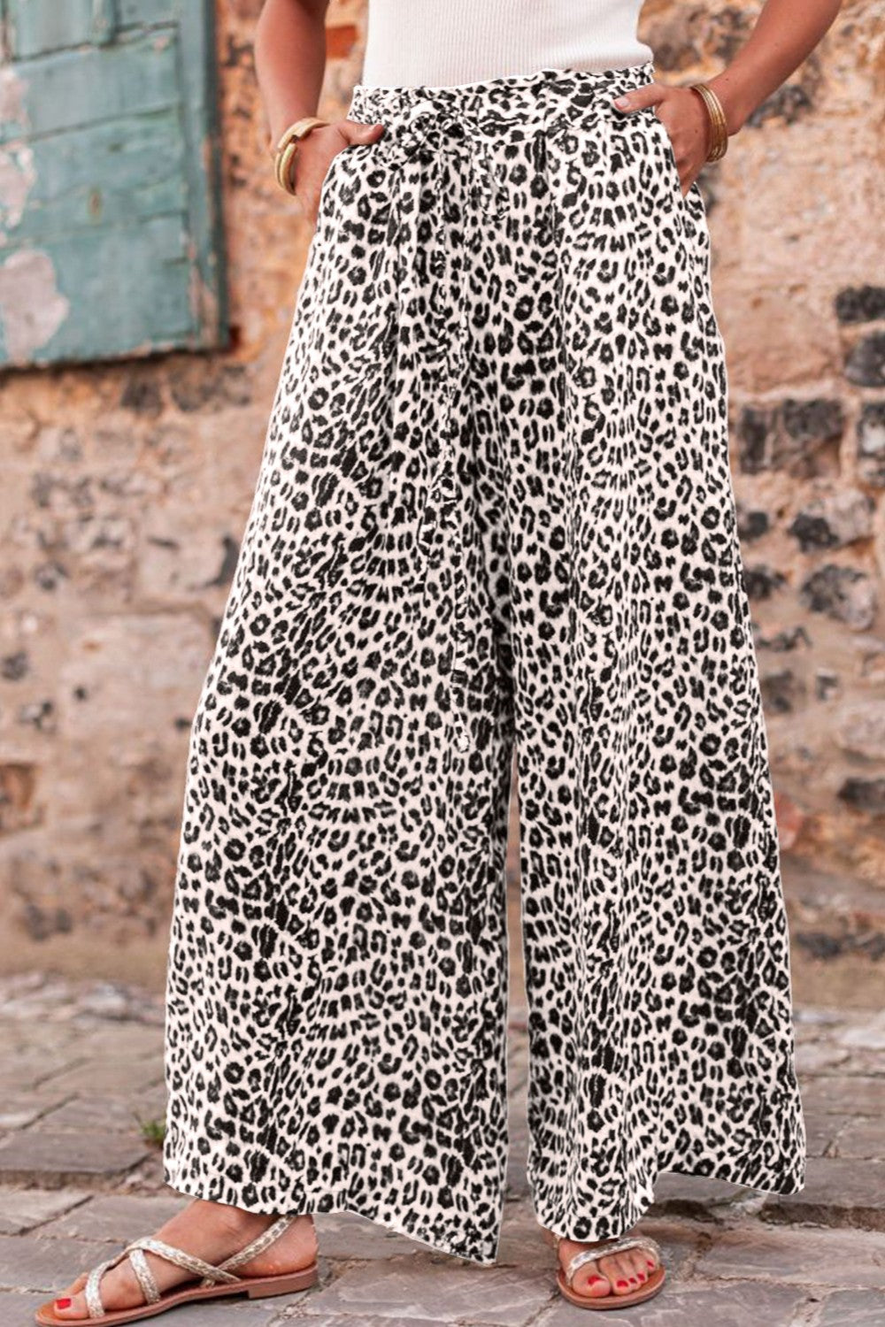 Leopard Drawstring Wide Leg Pants