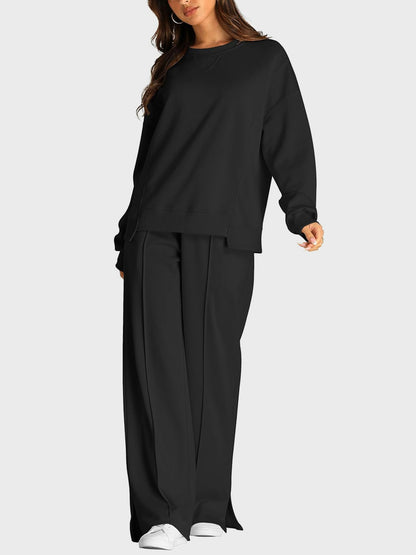 Round Neck Long Sleeve Top and Slit Pants Set