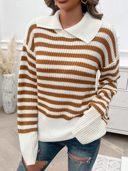 Striped Collared Neck Long Sleeve Sweater