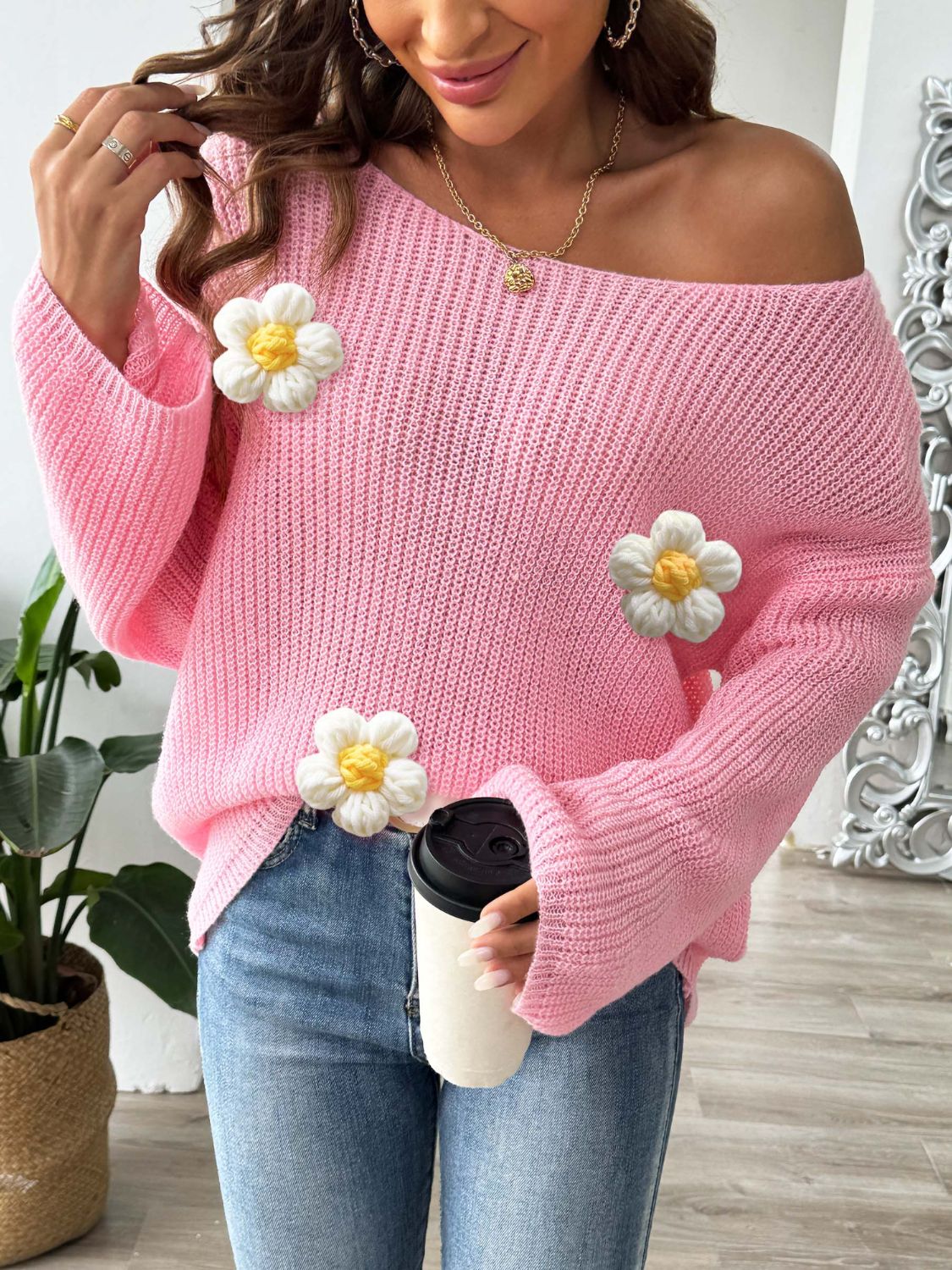 Flower Round Neck Long Sleeve Sweater