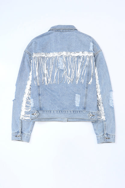 Sequin Fringe Trim Distressed Button Up Denim Jacket