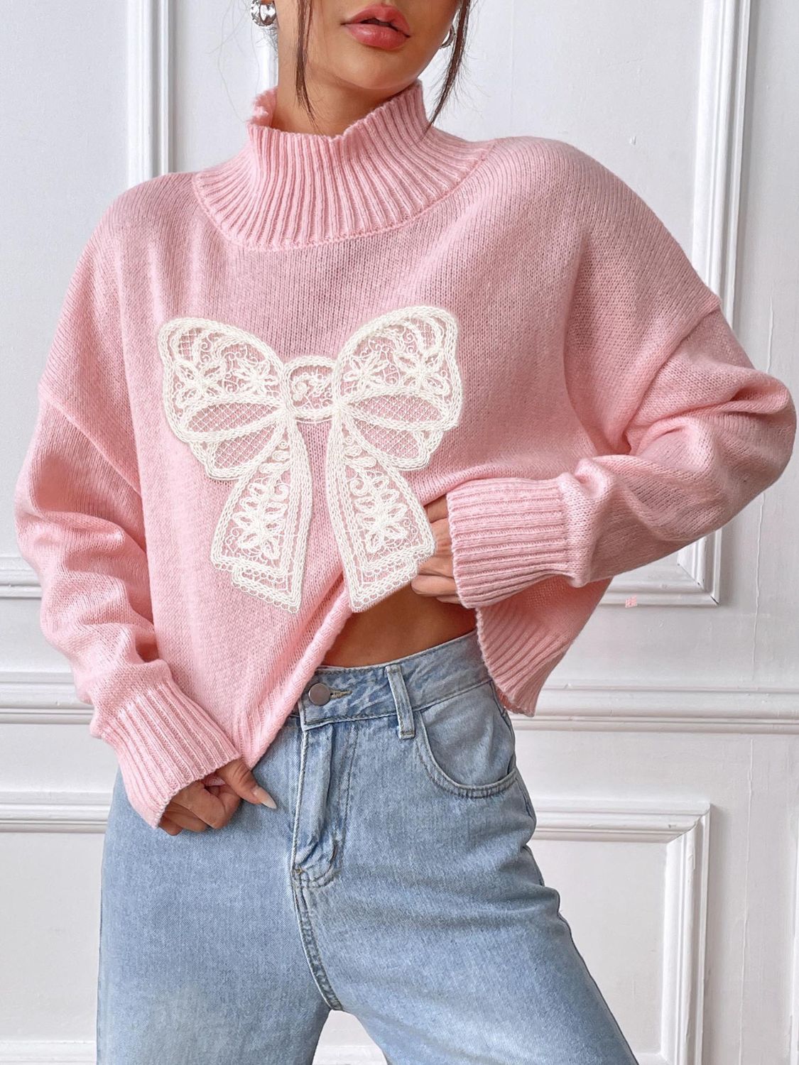 Bow Turtleneck Long Sleeve Sweater