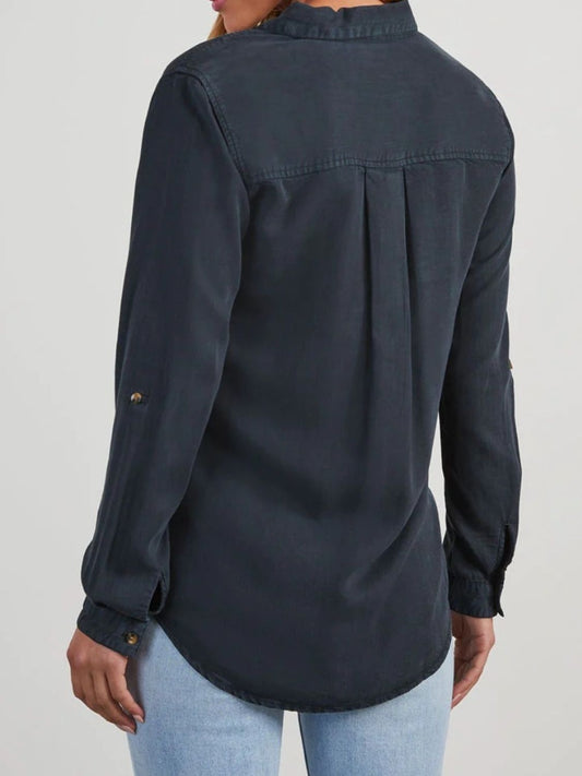 Collared Neck Roll-Tab Sleeve Denim Top