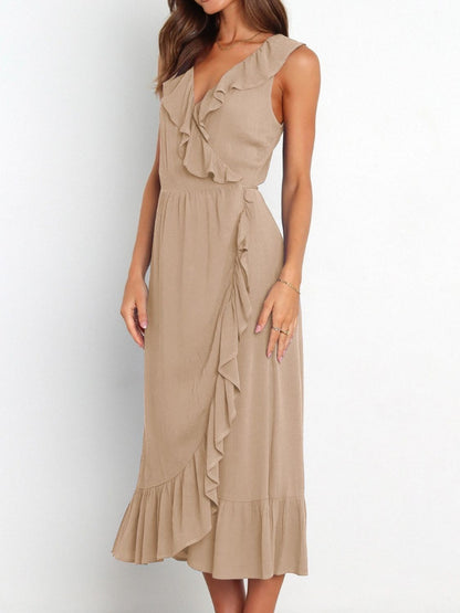 Ruffled Surplice Sleeveless Midi Dress