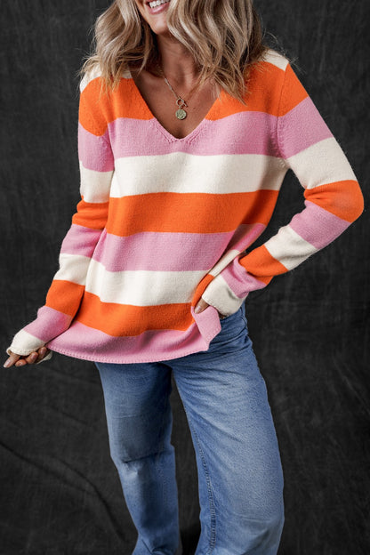 Color Block V-Neck Long Sleeve Sweater