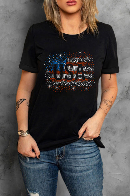 USA Rhinestone Round Neck Short Sleeve T-Shirt