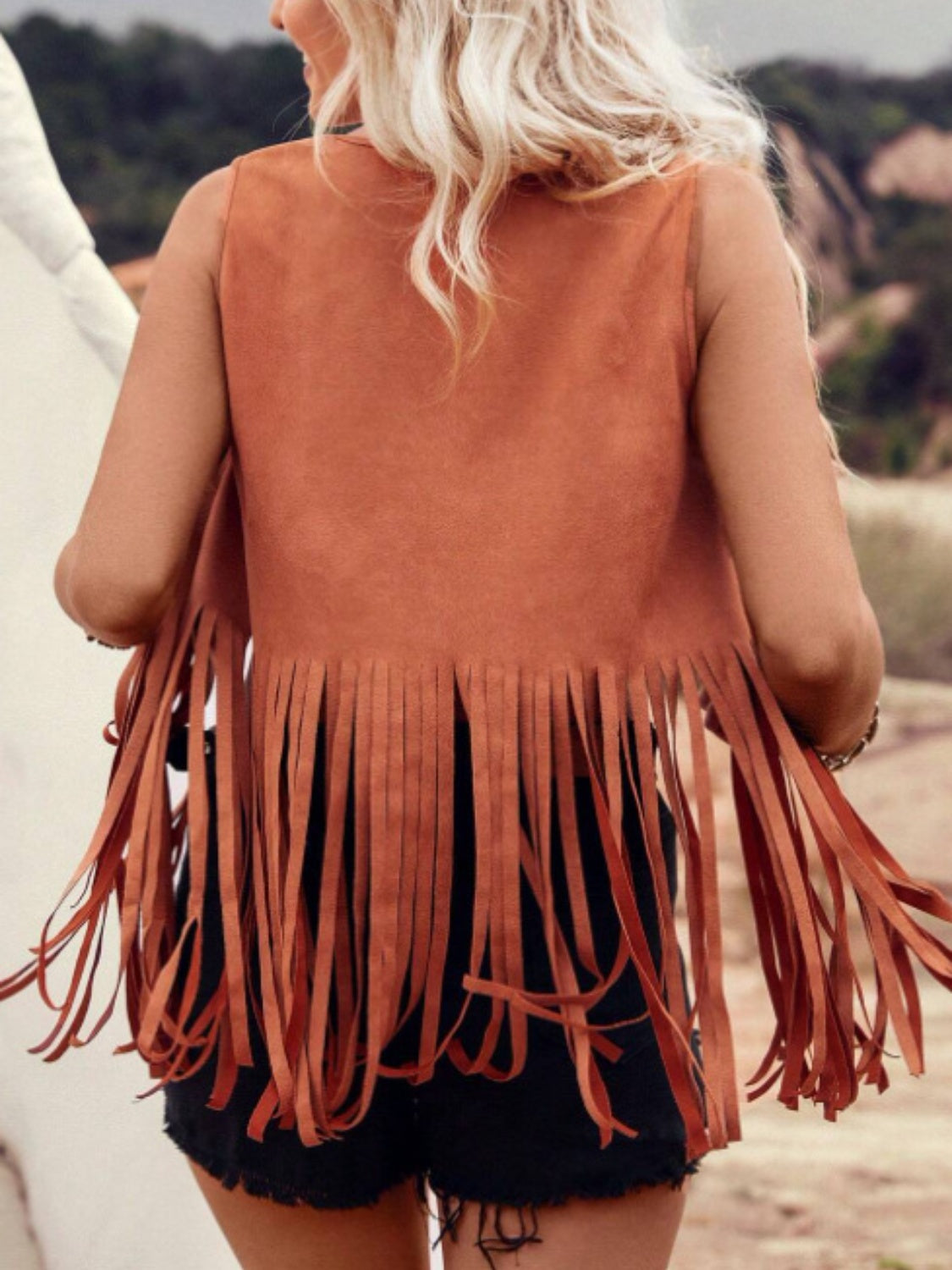 Fringe Studded Open Front Vest Coat