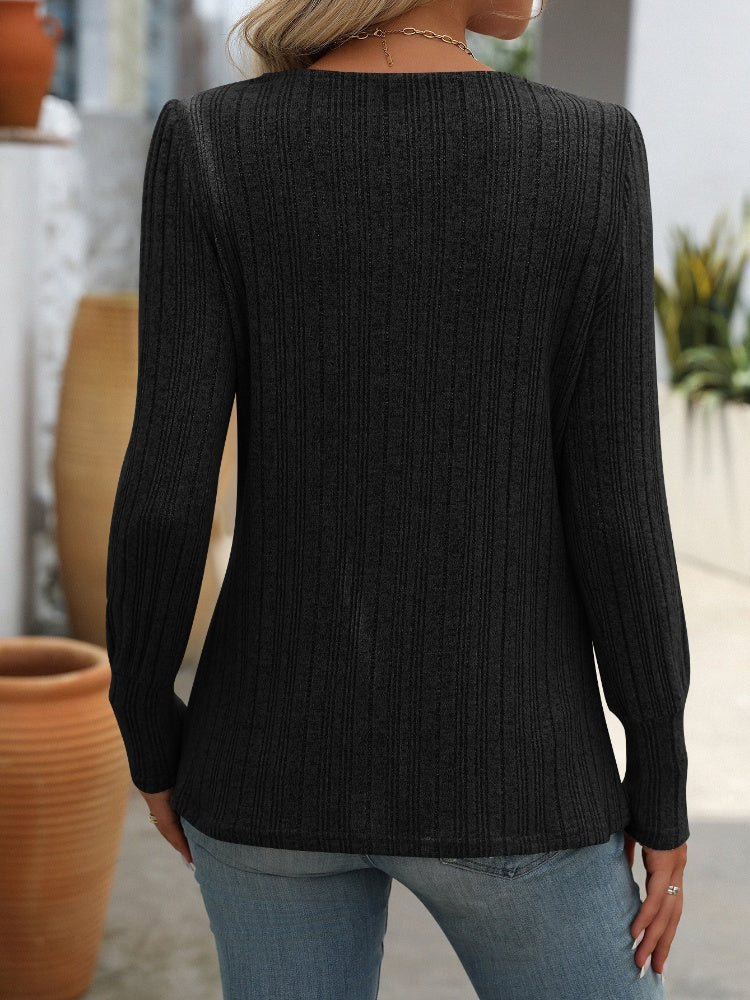 Decorative Button Striped Square Neck Long Sleeve T-Shirt