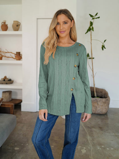 Slit Round Neck Long Sleeve T-Shirt