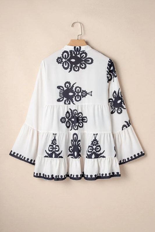 Tiered Printed Notched Long Sleeve Blouse