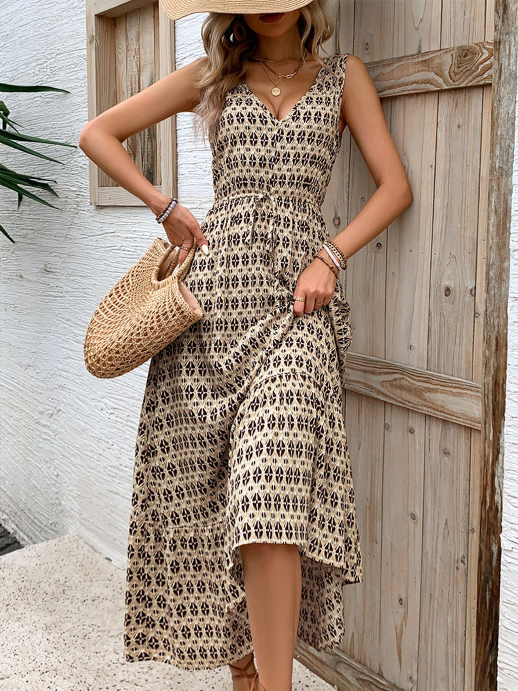 Printed V-Neck Tie Waist Midi Dress