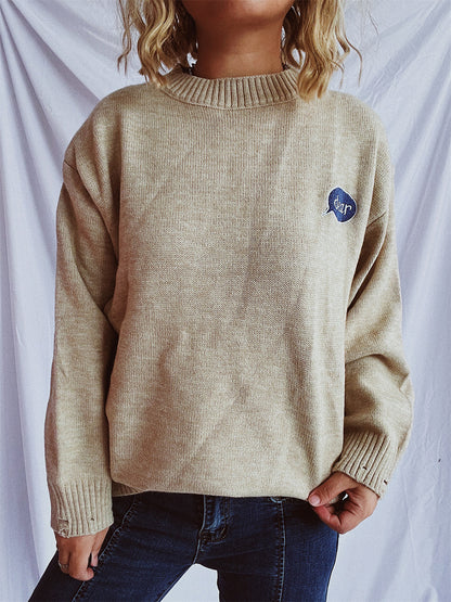 Embroidered Round Neck Dropped Shoulder Sweater