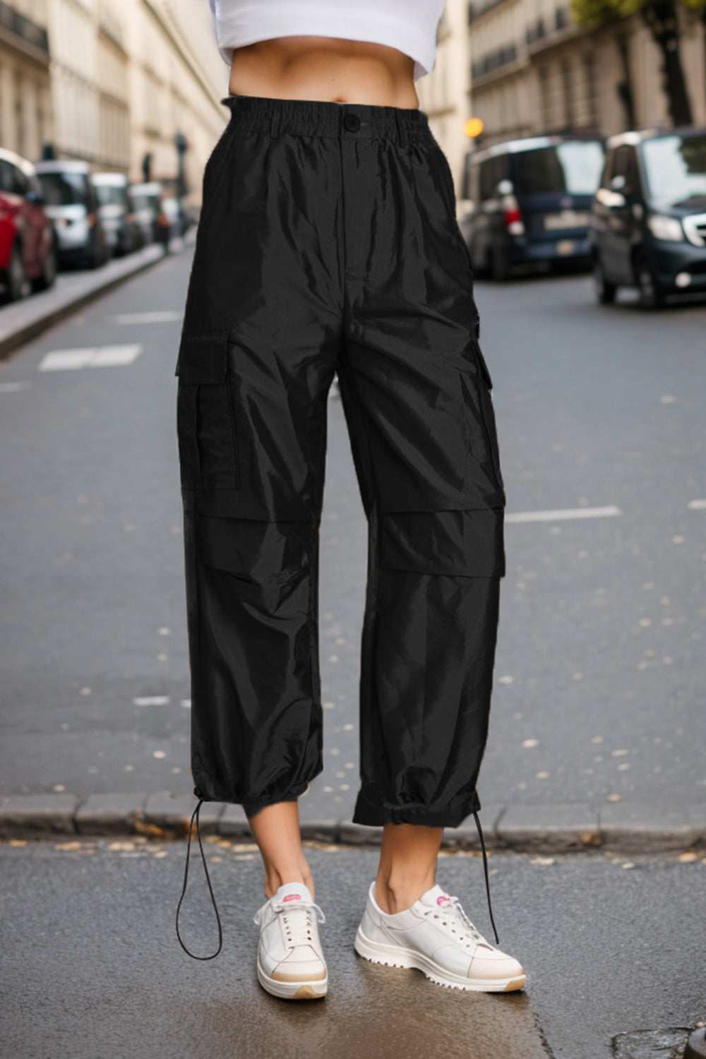 Drawstring High Waist Pants with Cargo Pockets