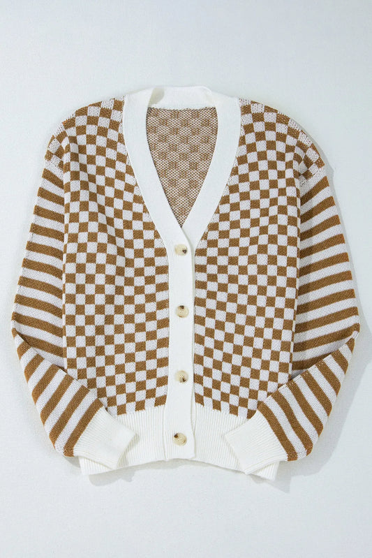 Checkered V-Neck Long Sleeve Cardigan