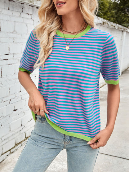 Lovelet Striped Contrast Round Neck Half Sleeve Knit Top