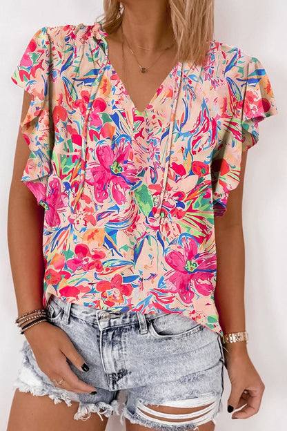 Ruffled Printed Tie Neck Cap Sleeve Blouse