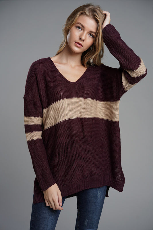 Slit Contrast V-Neck Long Sleeve Sweater