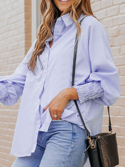 Striped Collared Neck Lantern Sleeve Shirt