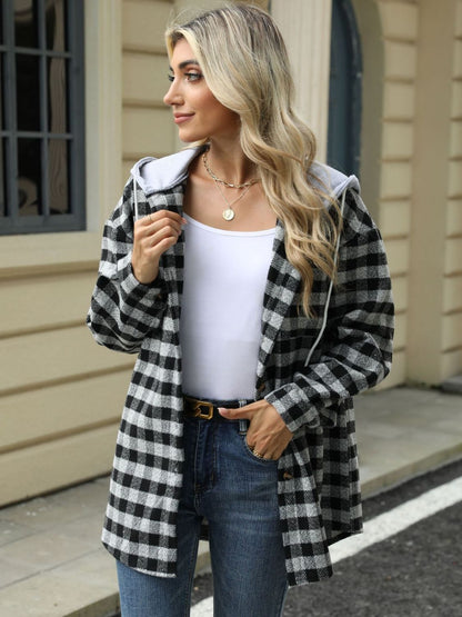 Drawstring Plaid Long Sleeve Hooded Jacket