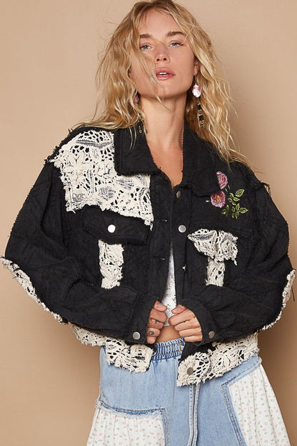 POL Crochet Patch Embroidered Button Up Jacket