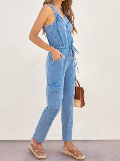 V-Neck Sleeveless Denim Jumpsuit