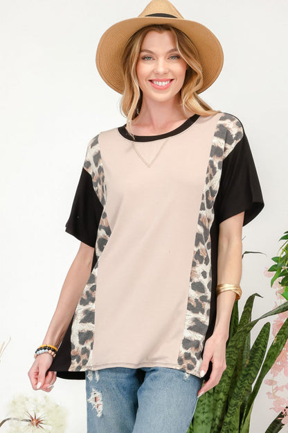 Celeste Full Size Leopard Color Block T-Shirt