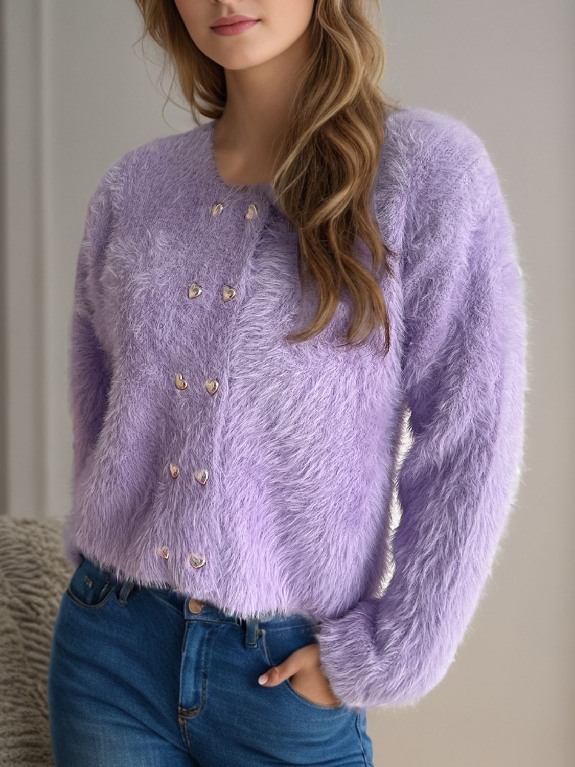 Heart Button Round Neck Cardigan