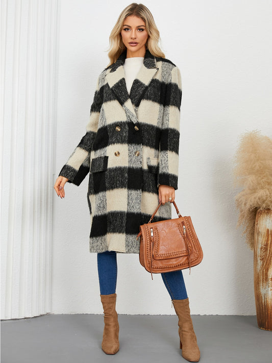 Plaid Double-Breasted Long Sleeve Coat