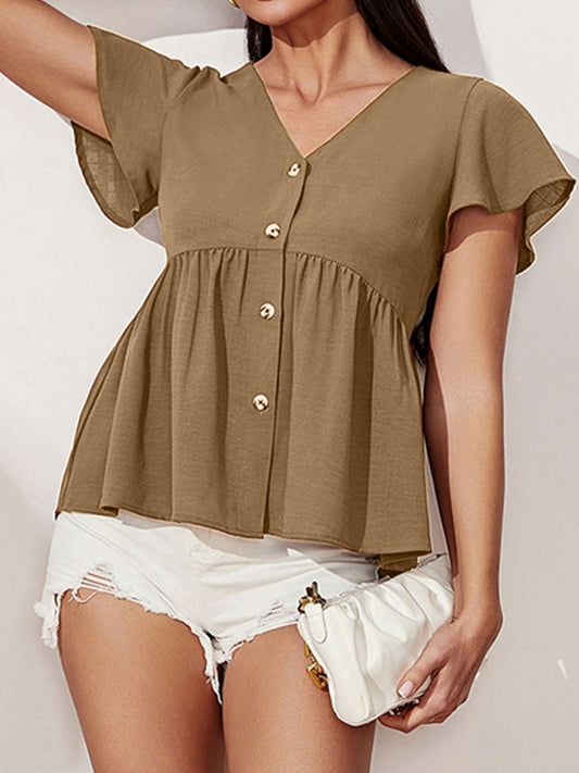 V-Neck Flutter Sleeve Blouse