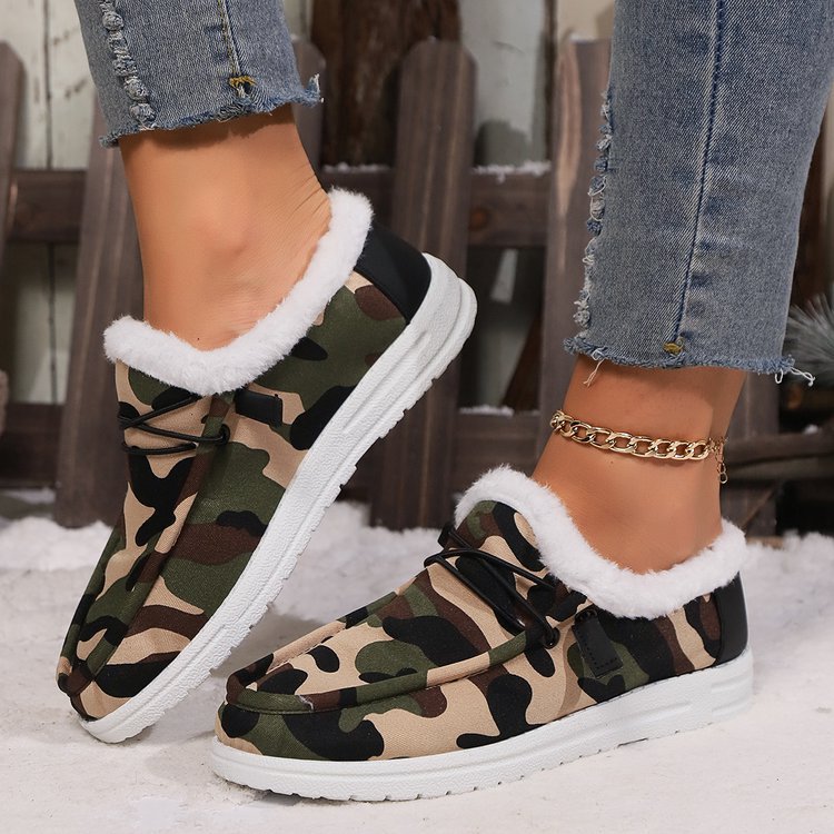 Fuzzy Camouflage Round Toe Boots