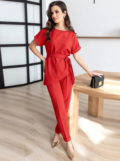 Round Neck Short Sleeve Top and Pants Set