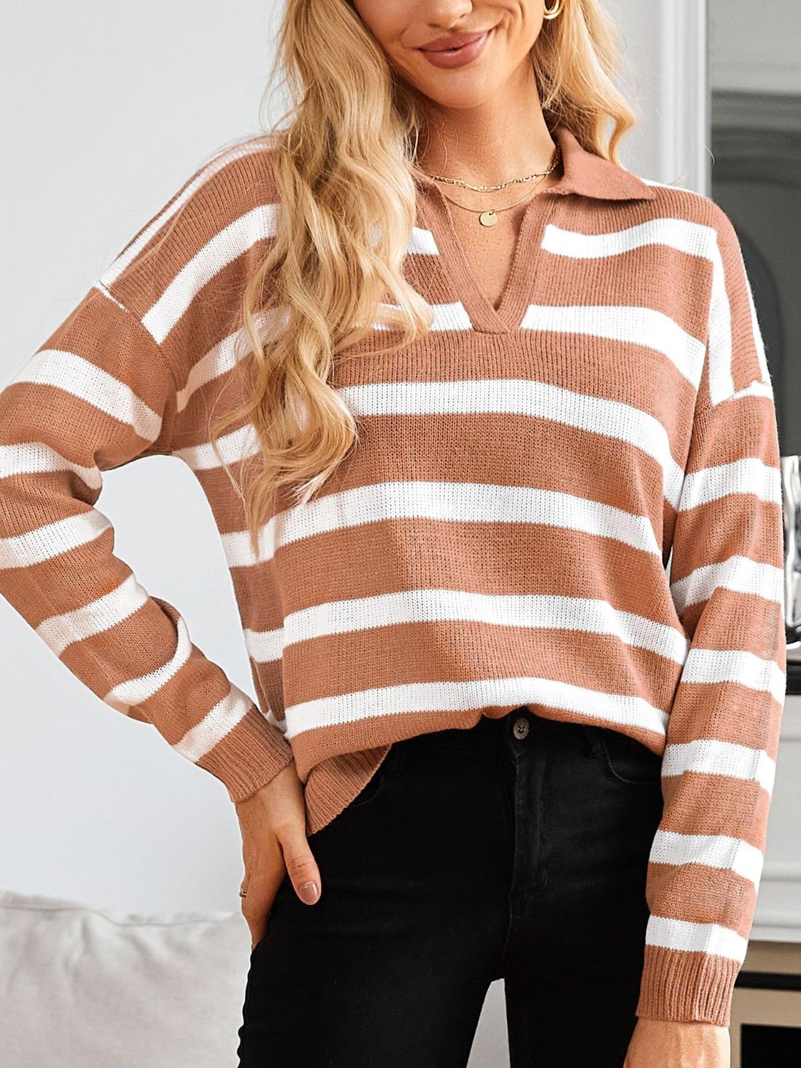 Many Striped Johnny Collar Long Sleeve Sweater